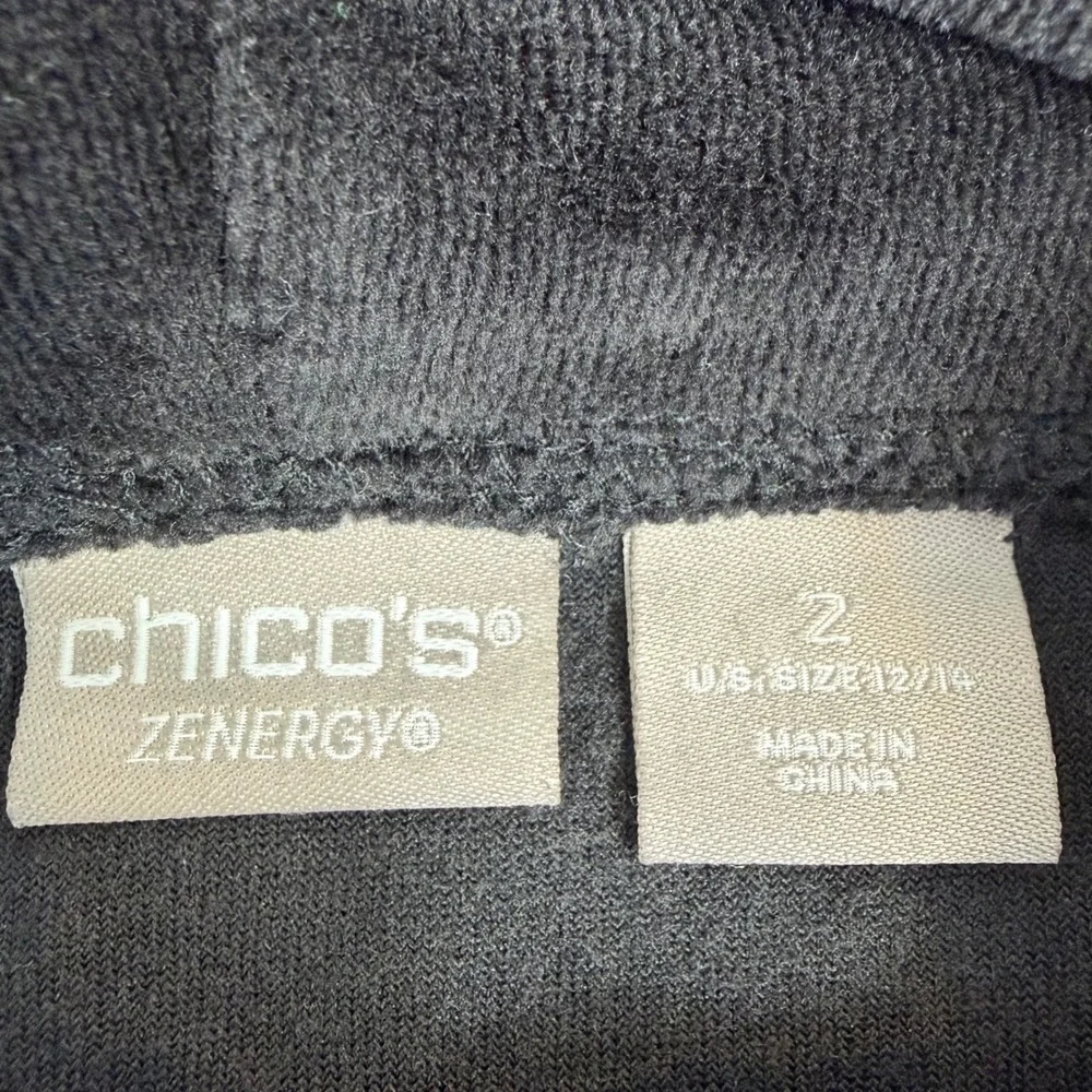 Chico's Zenergy Black‎ Velour Cowl Neck Tunic Pullover Kangaroo Pocket  Sz 12/14